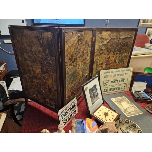 35 - Early Victorian Triptych Room Divider Screen depicting Various Hunting and Other Scenes - 89cm tall,... 