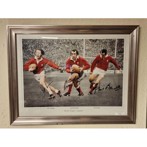 42 - Framed and Signed 'Welsh Rugby Legends' Photograph of J.P.R. Williams, Gareth Edwards and Phil Benne... 