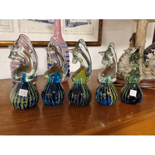 52 - Set of 5 Maltese Mdina Studio Glass Seahorses - 17cm tall