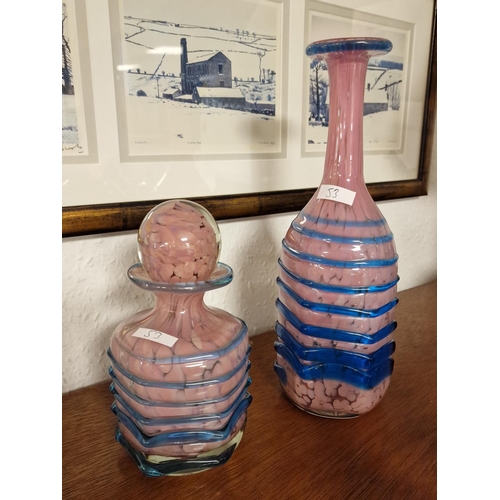 53 - Maltese Mdina Studio Glass Pink and Blue Striped Decanter and Scent Bottle w/stopper - decanter 27cm... 