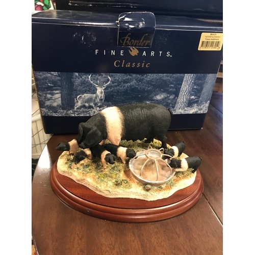 69e - Border Fine Arts Boxed Never Satisfied 'Wessex Saddleback' Version Pig and Piglets Figure