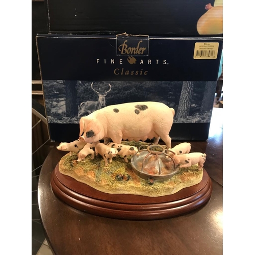 69f - Border Fine Arts Boxed Never Satisfied 'Gloucester Old Spot' Version Pig and Piglets Figure