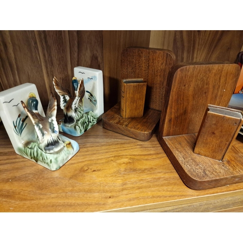 69t - Two Pairs of Vintage Bookends, one a Carved Wood Library Example and the other modelled on Mallard D... 