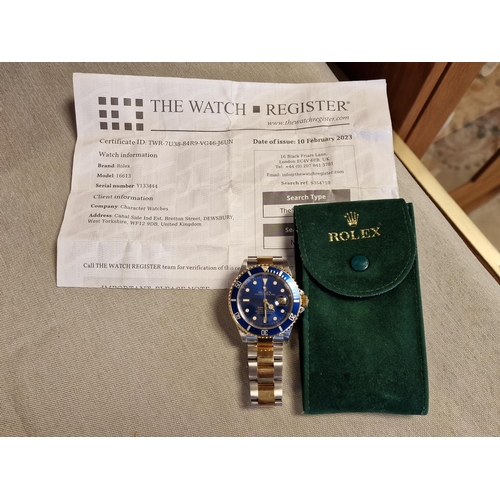 133a - Gents Rolex Blue 16613 Submariner Bi-Metal Champagne Strap Wrist watch - with Watch Register detail ... 