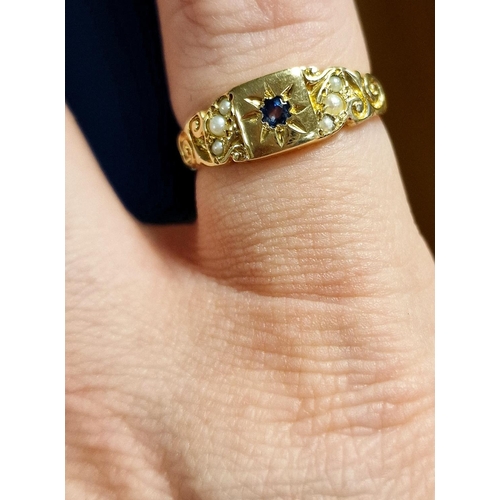 242 - Vintage 9ct Gold, Sapphire & Pearl Dress Ring, size K+0.5