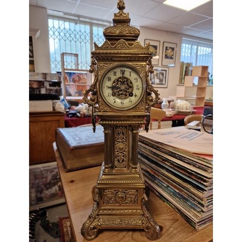 37e - Very Large Antique Brass Big Ben Mantel Clock, face features an Art-Nouveau style and indistinctly d... 