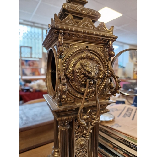 37e - Very Large Antique Brass Big Ben Mantel Clock, face features an Art-Nouveau style and indistinctly d... 