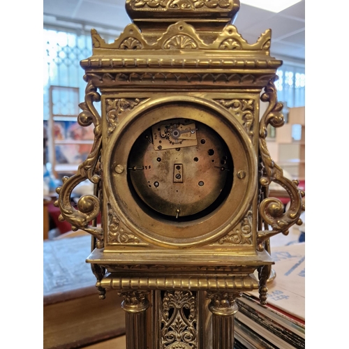 37e - Very Large Antique Brass Big Ben Mantel Clock, face features an Art-Nouveau style and indistinctly d... 