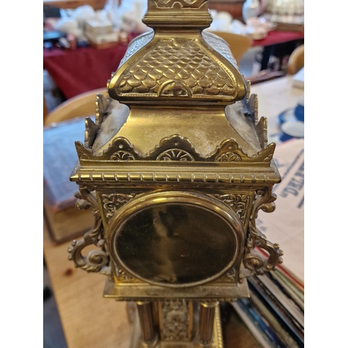 37e - Very Large Antique Brass Big Ben Mantel Clock, face features an Art-Nouveau style and indistinctly d... 