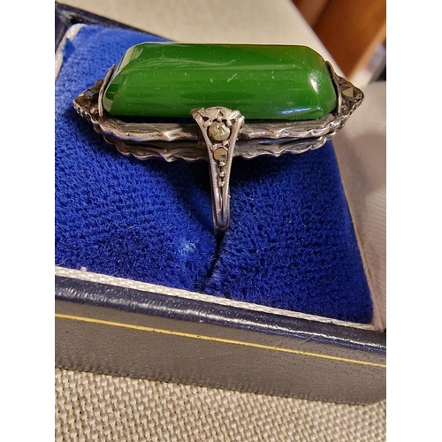 261 - 1930's Art-Deco Style 9ct Gold into Silver Jadeite & Marcasite Dress Ring, size Q, 5.9g