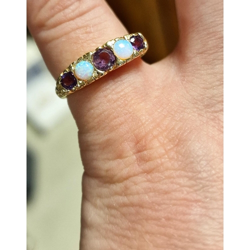 266 - 9ct Gold, Opal and Ameythst Dress Ring, 3.5g & size N