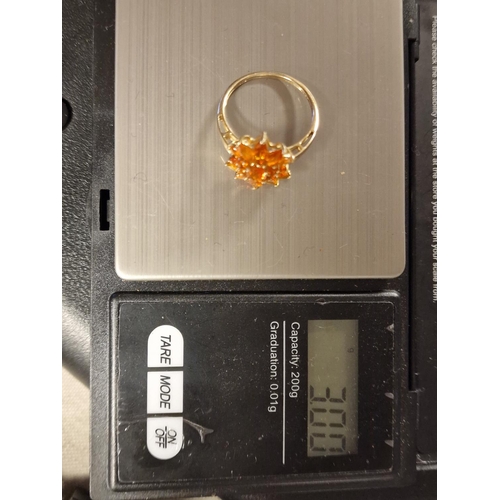 267 - 9ct Gold and Citrine (poss Padparadscha) Floral Cluster Ring, 3g and size R