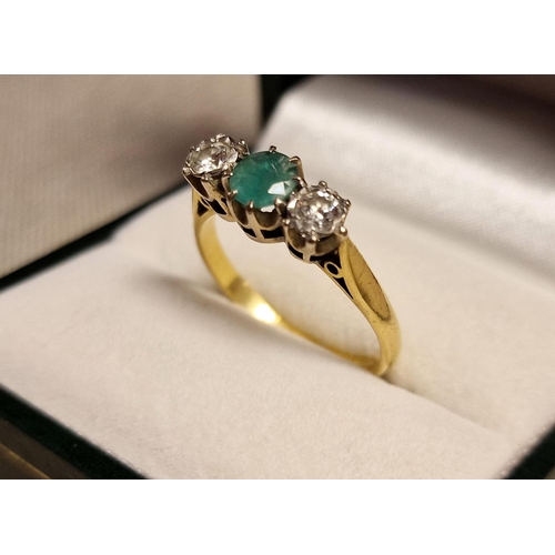 143c - 18ct Gold, Emerald & Diamond Trilogy Ring, 3.7g, size P+0.5