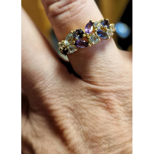 115 - 9ct Gold, Aquamarine, Ameythst & Blue Topaz Dress Ring, size Q+0.5 & 3.25g