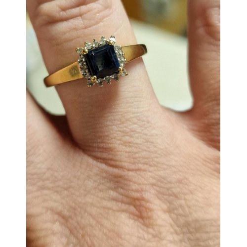 123 - 9ct Gold, Diamond & Sapphire Square Cut Dress Ring, 2.5g and size R