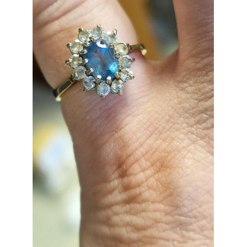 130 - 9ct Gold & Blue Topaz Cluster Dress Ring, size L+0.5