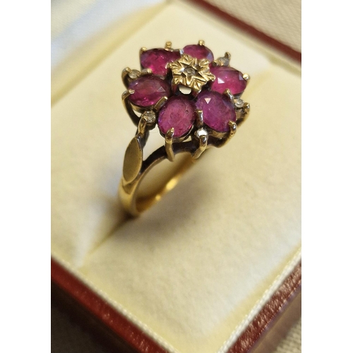 133 - 9ct Gold, Ruby & Diamond Cluster Ring, size M+0.5 & 3.7g