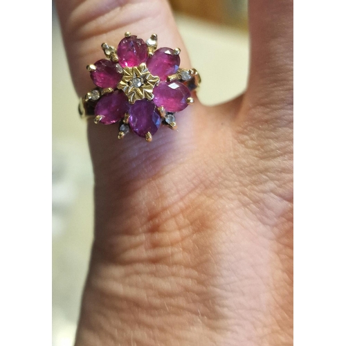 133 - 9ct Gold, Ruby & Diamond Cluster Ring, size M+0.5 & 3.7g