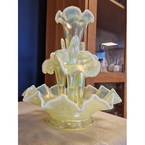 14 - Mid-Century Continental/European Iridescent Floral Glass Epergne Centrepiece - Vaseline/Uranium Glas... 