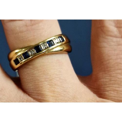 157 - 9ct Gold, Sapphire & Diamond Crossover Half Eternity Ring, 3g and size P