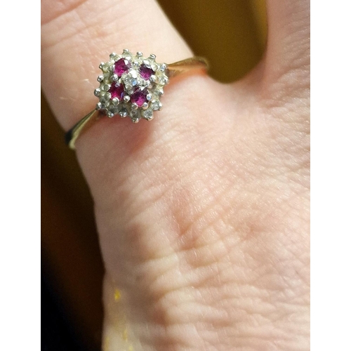 158 - 9ct Gold, Ruby & Diamond Cluster Ring, size O