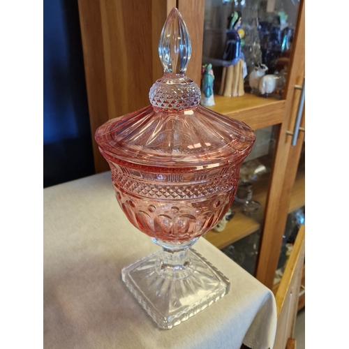 16 - Pair of Classical Design Rose Glass Pedestal Urns/Bonbon Jars - height approx 37cm