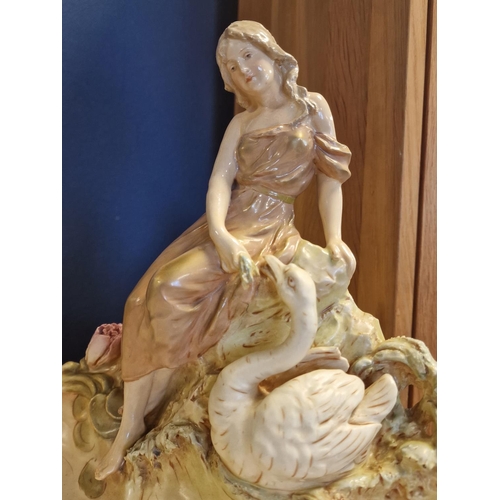 203 - Large Royal Dux Porcelain Figure of a Young Girl & Swan Overlooking a Pond