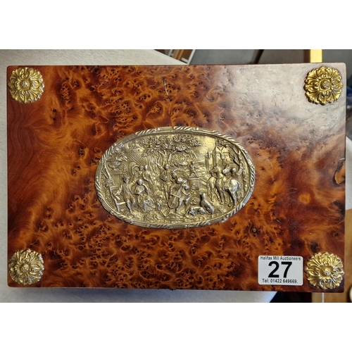 27 - 1880 Solid Thuya Wood Jewellery Box with Decorative Cast Scene to top - 30x20x13cm