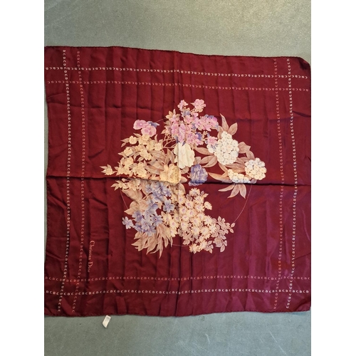 28e - Vintage Christian Dior Burgundy Floral Patterned Silk Shawl - 80cm square