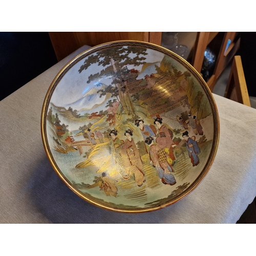 39 - Antique Cased Japanese Meiji Period Figural Scene Bowl w/ Mount Fuji decoration - 24.5cm diameter