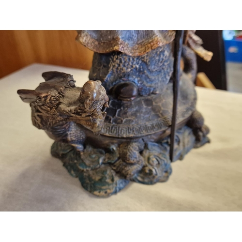 44 - Heavyweight Hand-Painted Chinese Brass Dragon and Deity Figure - 41cm tall