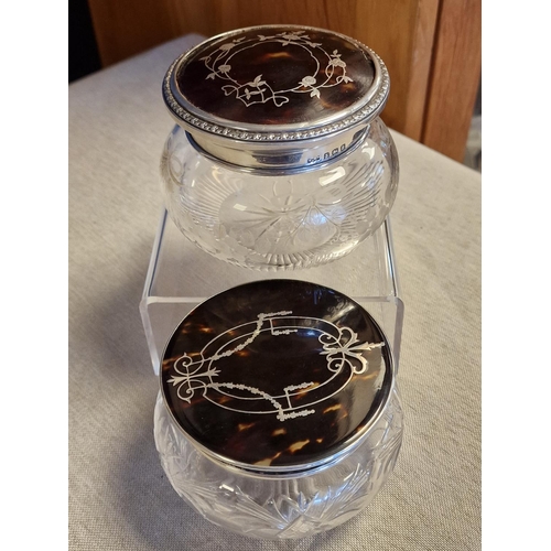 59 - Pair of Silver Lidded Glass Pots with Tortoiseshell Decoration - hallmarked William Comyns & Sons Lo... 