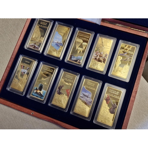 71 - Cased Complete Windsor Mint 'World War II' Set of 10 Copper Gold Plated Coins with Pad Print Ingots