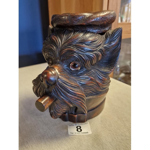 8 - West German Carved Black Forest Lidded Tobacco Jar in form of Scottish Terrier's Head & glass eyes -... 