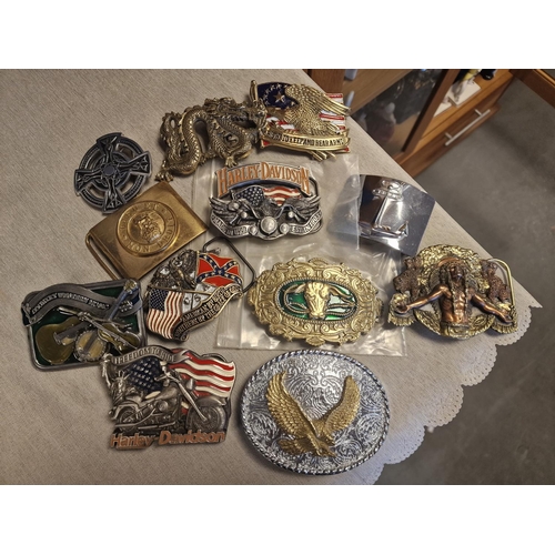 276 - Group of 12 Metallic American Made Belt Buckles inc some 1980's Baron examples + Harley Davidson