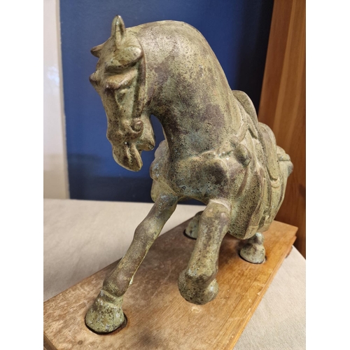 49m - Large Antique Bronze Tang Horse on a Wooden Plinth