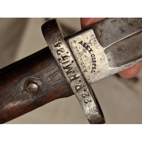 21 - Early German Bayonet Dagger, Alex Coppel Solingen and marked '22 BRMG 24' to the handle and the scab... 