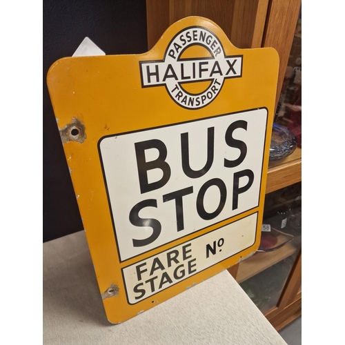 72 - Vintage Orange Metallic Halifax Passenger Transport Bus Stop Advertising Sign with 'Fare Stage No. 7... 