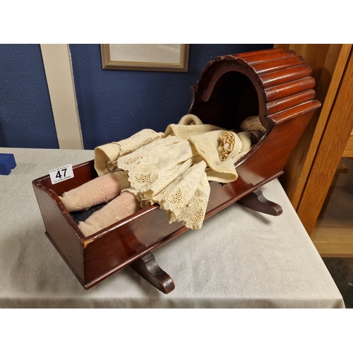 47 - 1930's Handmade Wooden Crib w/an Antique circa 1900 Armand Marseille 3200 Toy Doll - 53cm long