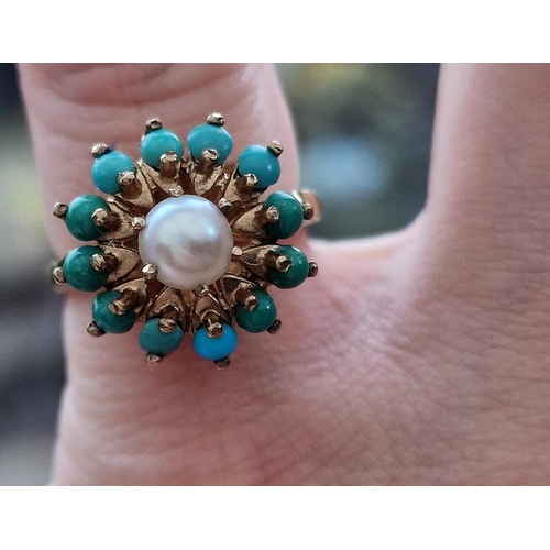 109 - Vintage 9ct Gold, Pearl & Turquoise Dress Ring - size m+0.5 & 4.4g