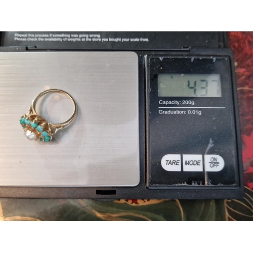 109 - Vintage 9ct Gold, Pearl & Turquoise Dress Ring - size m+0.5 & 4.4g