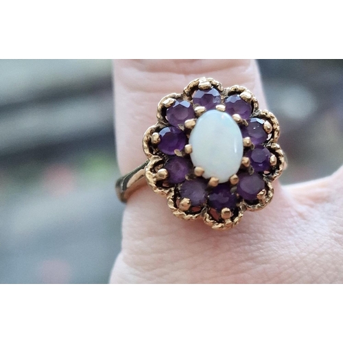 113 - 9ct Gold, Opal & Ameythst Floral Cluster Ring, size N & 4.35g