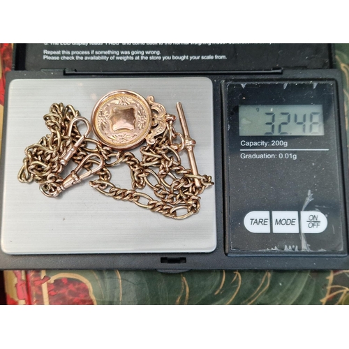 119 - 9ct Gold Pocketwatch Fob, Chain & T-Bar - 32.5g