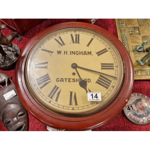 14 - Antique W.H Ingham of Gateshead Railway Clock - 40cm diameter