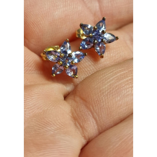 160 - Pair of 9ct Gold Floral Pale Tanzanite Stud Earrings