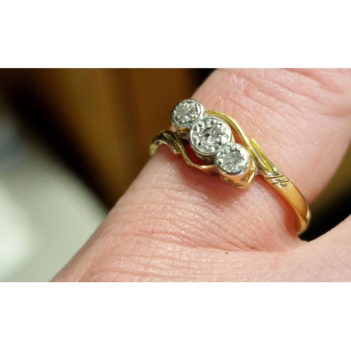 176 - Triple Diamond & 18ct Gold Vintage Dress Ring, size N+0.5 & 2.3g