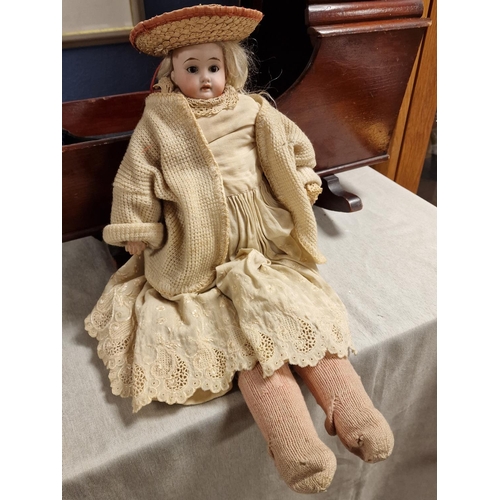 47 - 1930's Handmade Wooden Crib w/an Antique circa 1900 Armand Marseille 3200 Toy Doll - 53cm long