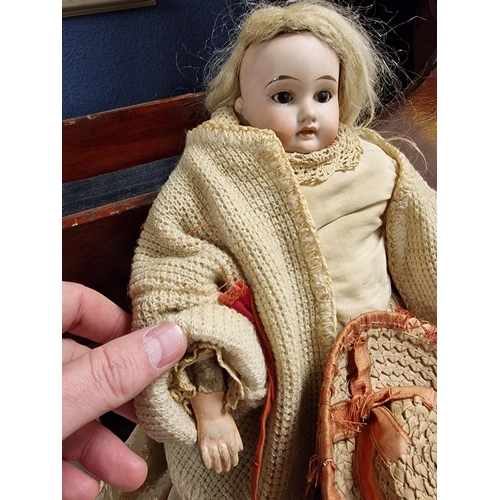 47 - 1930's Handmade Wooden Crib w/an Antique circa 1900 Armand Marseille 3200 Toy Doll - 53cm long