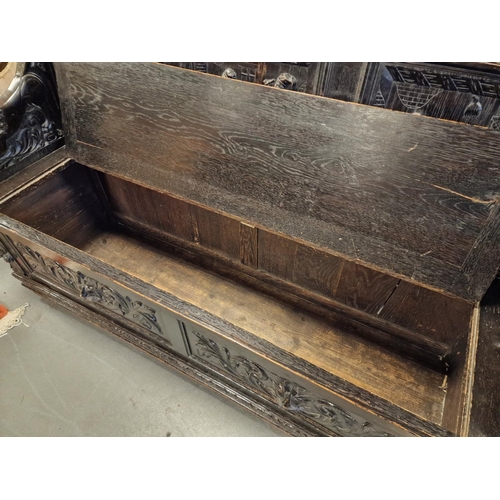 86 - 19th Century Heavy Carved Oak Green Man Style Hall Bench - 150x115cm by 50cm deep