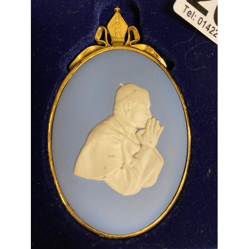 202 - Boxed Wedgwood Papal Collection Oval Portrait Miniature Approx 9cm x 5.5cm. Pale blue Jasperware wit... 